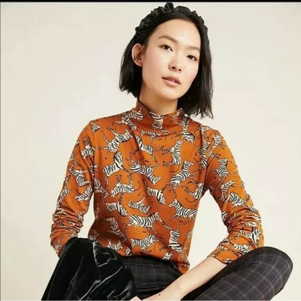 Maeve Anthropologie Womens Top Small Brown Zebra Print Mock Neck Long Sleeve.